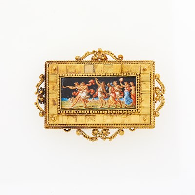 Lot 2250 - Archaeological Revival Gold and Porcelain Scene Brooch