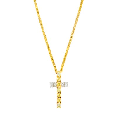 Lot 2106 - Two-Color Gold, Colored Diamond and Diamond Cross Pendant with Gold-Plated White Gold Chain Necklace
