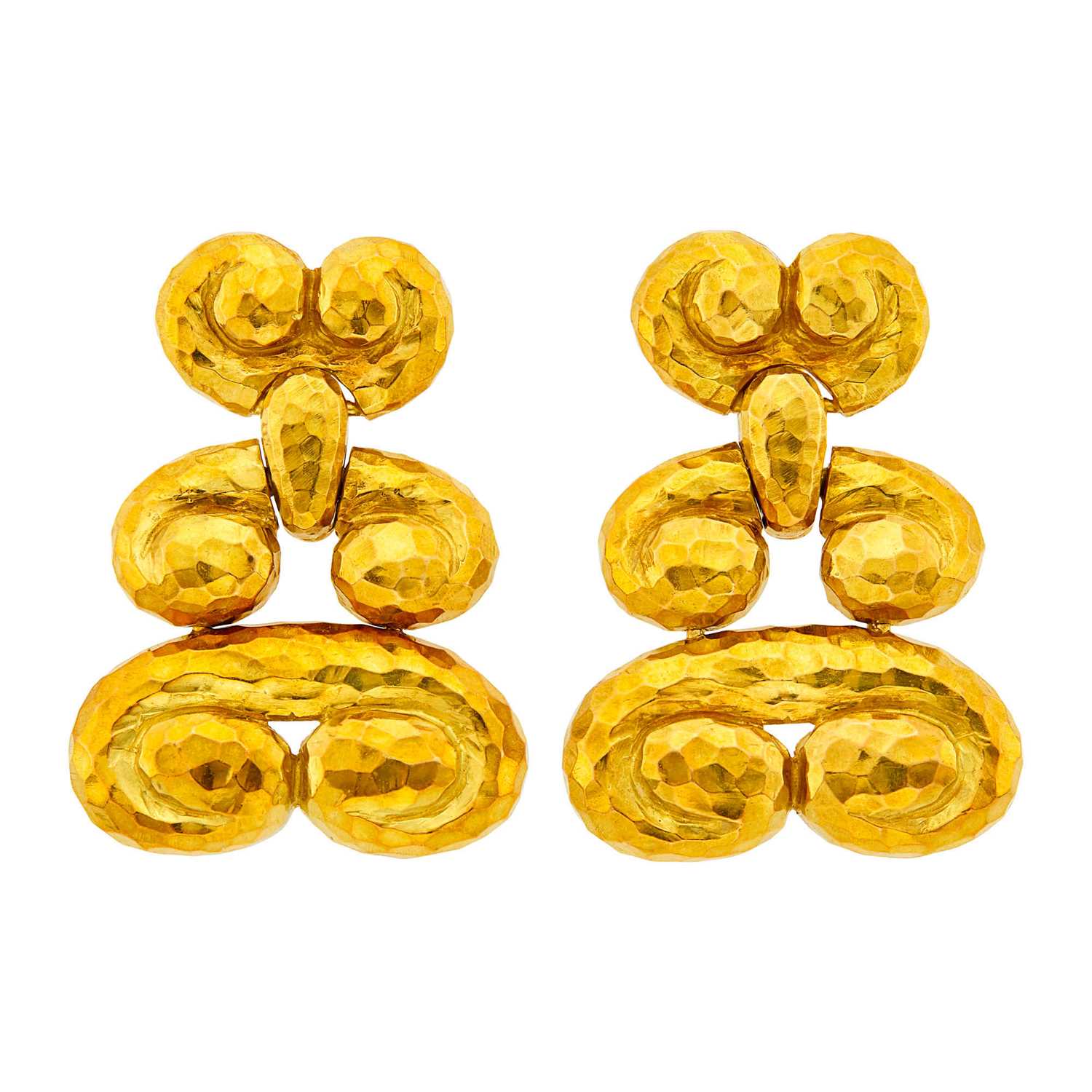 Lot 6 - David Webb Pair of Hammered Gold Pendant-Earclips