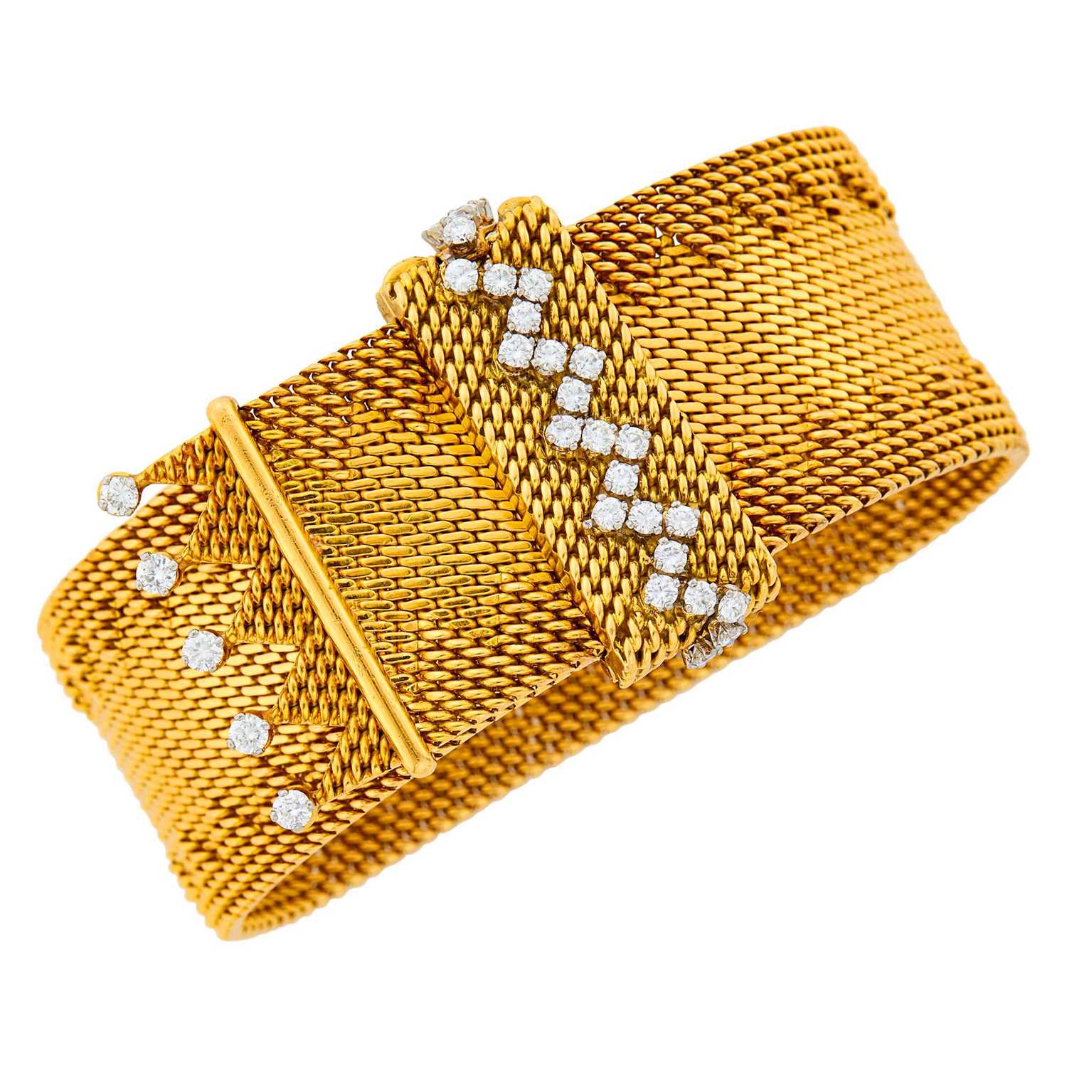 Lot 172 - Gubelin Wide Gold, Platinum and Diamond Mesh Slide Bracelet