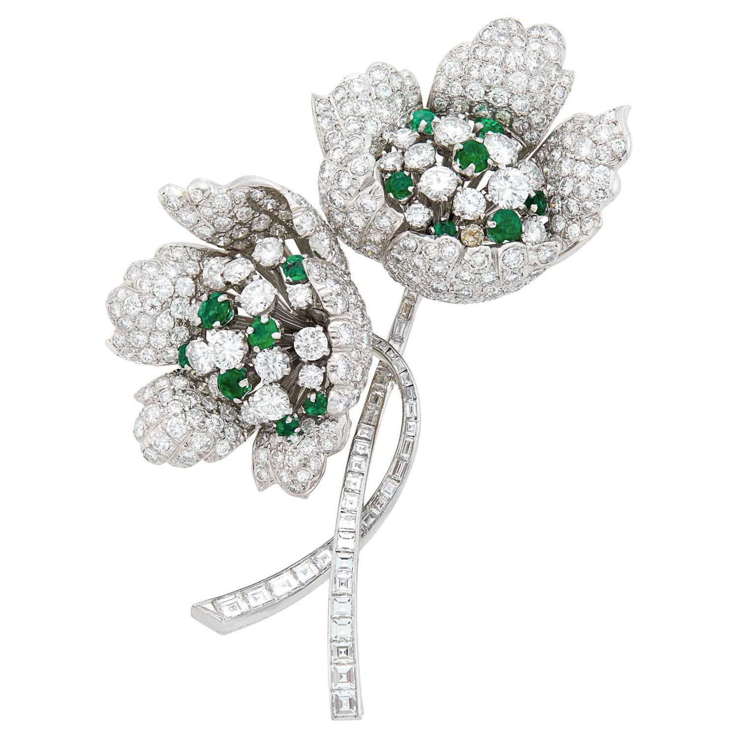 Lot 149 - Platinum, Diamond and Emerald Flower Clip-Brooch