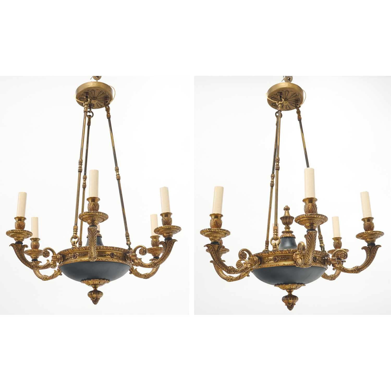 Lot 515 - Pair of Empire Style Gilt and Black Enameled Metal Six-Light Chandeliers