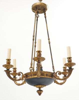 Lot 515 - Pair of Empire Style Gilt and Black Enameled Metal Six-Light Chandeliers