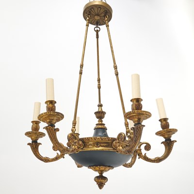 Lot 515 - Pair of Empire Style Gilt and Black Enameled Metal Six-Light Chandeliers
