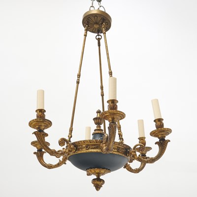 Lot 515 - Pair of Empire Style Gilt and Black Enameled Metal Six-Light Chandeliers