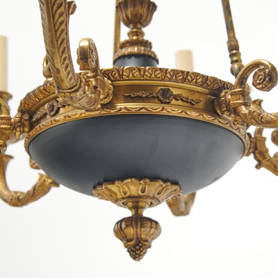 Lot 515 - Pair of Empire Style Gilt and Black Enameled Metal Six-Light Chandeliers