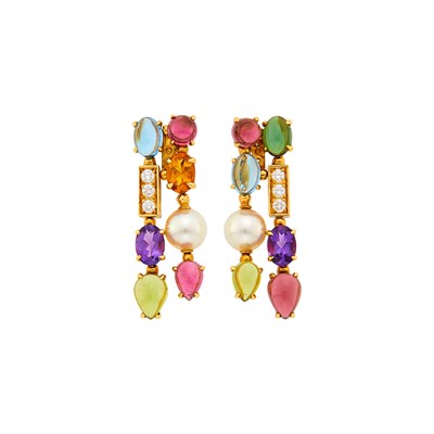 Lot 32 - Bulgari Pair of Gold, Gem-Set, Cultured Pearl and Diamond 'Allegra' Pendant-Earrings