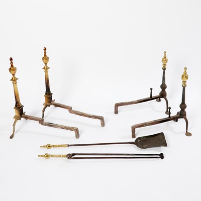 Lot 1071 - Two Pairs of Brass and Iron Andirons and a Pair of Tools