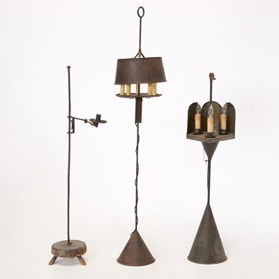 Lot 1076 - Three Early Tinned and Sheet Iron Floor Lighting Devices