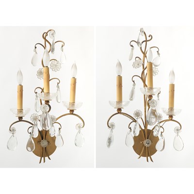 Lot 303 - Pair of Maison Bagues Style Gilt-Metal and Glass Three-Light Sconces