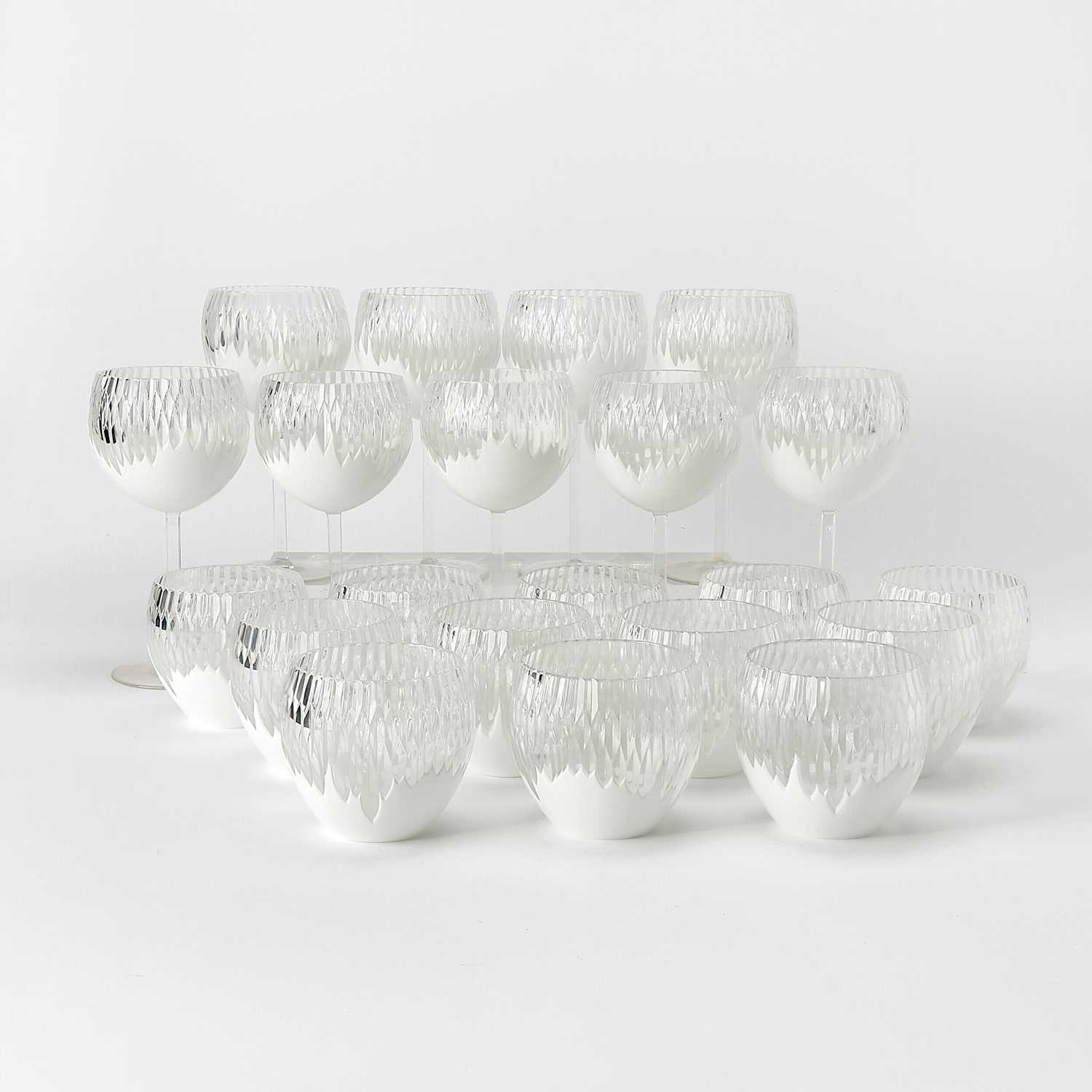Lot 180 - Group of Ajka Crystal Co. Modern Fabergé 'Antarctica' Pattern White Overlay Glass Drinking Glasses