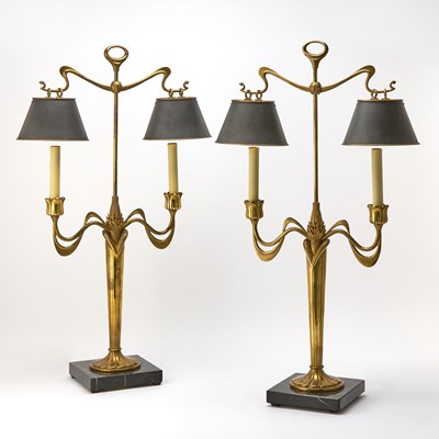 Lot 79 - Pair of Art Nouveau Style Brass Two-Light Candelabra Table Lamps