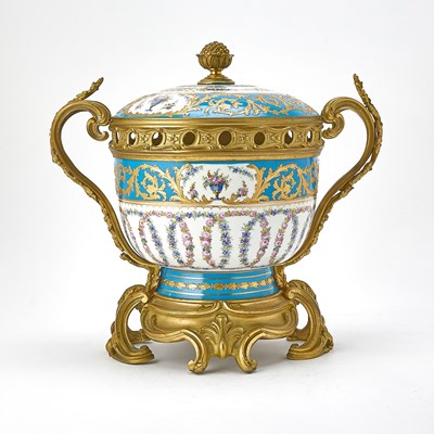 Lot 94 - Sèvres Style Gilt-Metal-Mounted Turquoise-Ground Porcelain Two-Handled Footed Potpourri and Cover