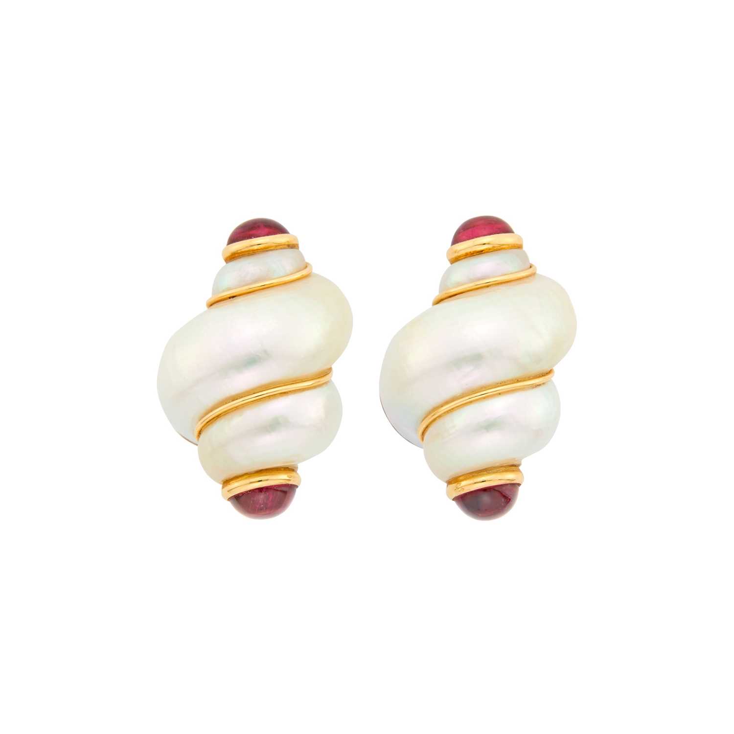 Lot 1090 - Maz Pair of Gold, Shell and Cabochon Pink Tourmaline Earrings