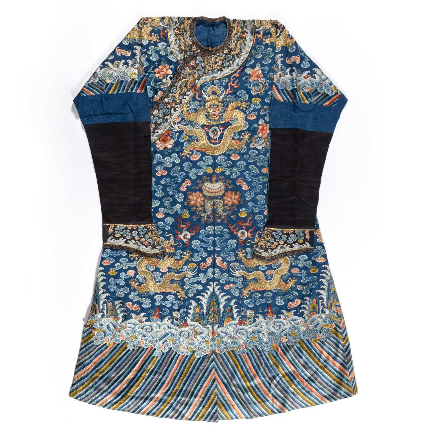 Lot 495 - A Chinese Silk Embroidery Blue Ground Dragon Robe