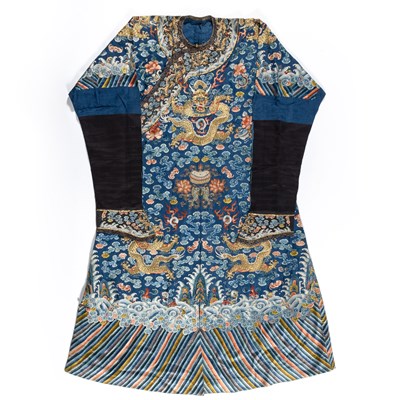 Lot 495 - A Chinese Silk Embroidery Blue Ground Dragon Robe