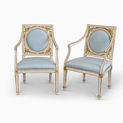 Lot 1134 - Pair of Neapolitan Painted and Parcel Gilt Fauteuil