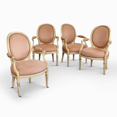 Lot 1140 - Set of Four Louis XVI Painted and Parcel Gilt Fauteuils