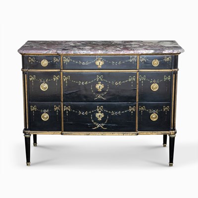 Lot 1150 - Louis XVI Style Polychrome and Parcel-Gilt Decorated Marble Top Commode