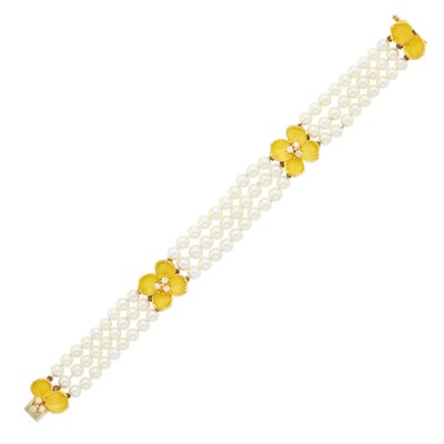 Lot 2103 - Tiffany & Co. Triple Strand Cultured Pearl, Gold and Diamond 'Tiffany Classics Dogwood' Bracelet