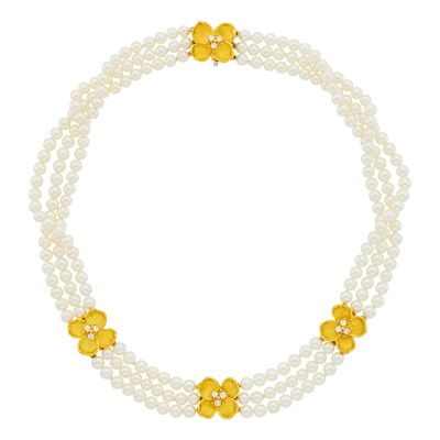 Lot 2104 - Tiffany & Co. Triple Strand Cultured Pearl, Gold and Diamond 'Tiffany Classics Dogwood' Necklace