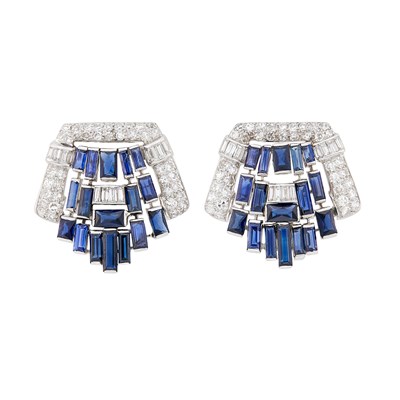 Lot 2114 - Pair of Platinum, Sapphire, Synthetic Sapphire and Diamond Earclips
