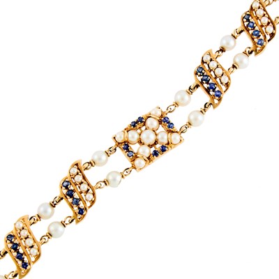 Lot 162 - Gold, Cultured Pearl and Sapphire Link Bracelet