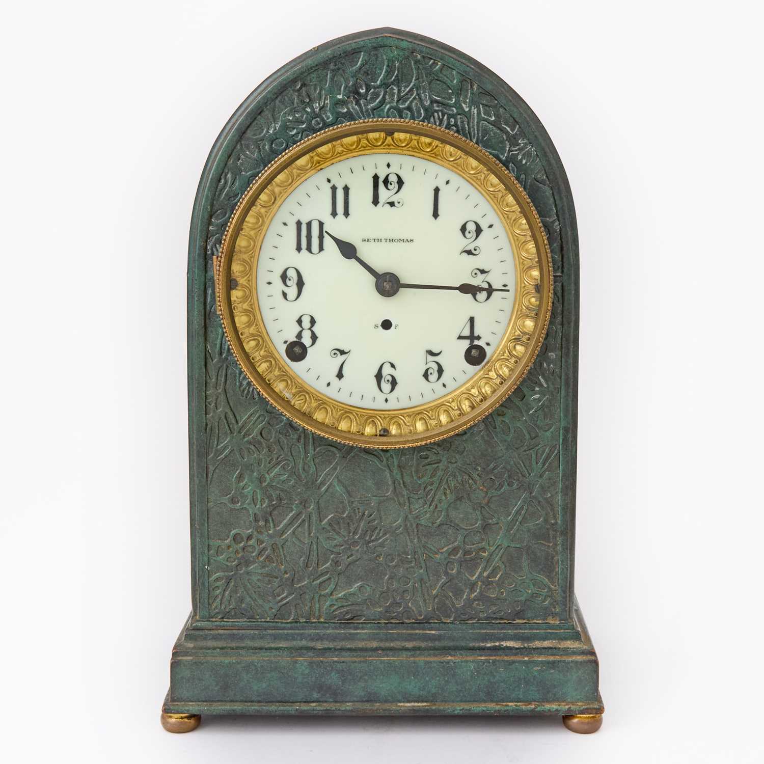 Lot 676 - Tiffany Studios Seth Thomas Green Patinated Bronze 'Rex' Model Mantel Clock