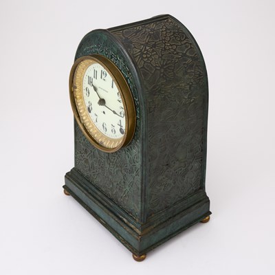 Lot 676 - Tiffany Studios Seth Thomas Green Patinated Bronze 'Rex' Model Mantel Clock