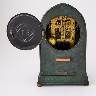 Lot 676 - Tiffany Studios Seth Thomas Green Patinated Bronze 'Rex' Model Mantel Clock