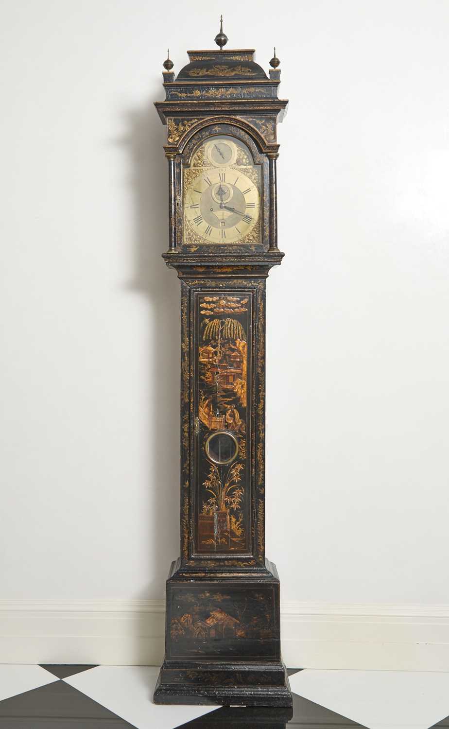 Lot 222 - Queen Anne Gilt and Black Japanned Longcase Clock