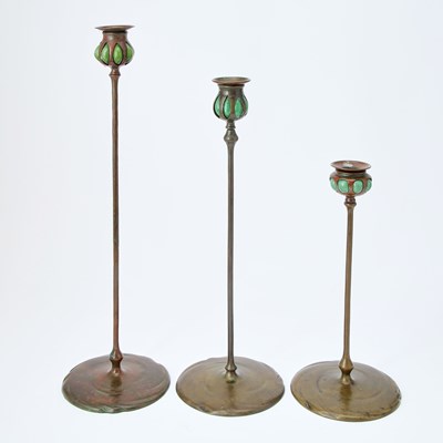 Lot 221 - Group of Six Tiffany Studios Patinated Bronze and Green Favrile Glass Blow-Out Candlesticks