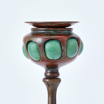 Lot 221 - Group of Six Tiffany Studios Patinated Bronze and Green Favrile Glass Blow-Out Candlesticks