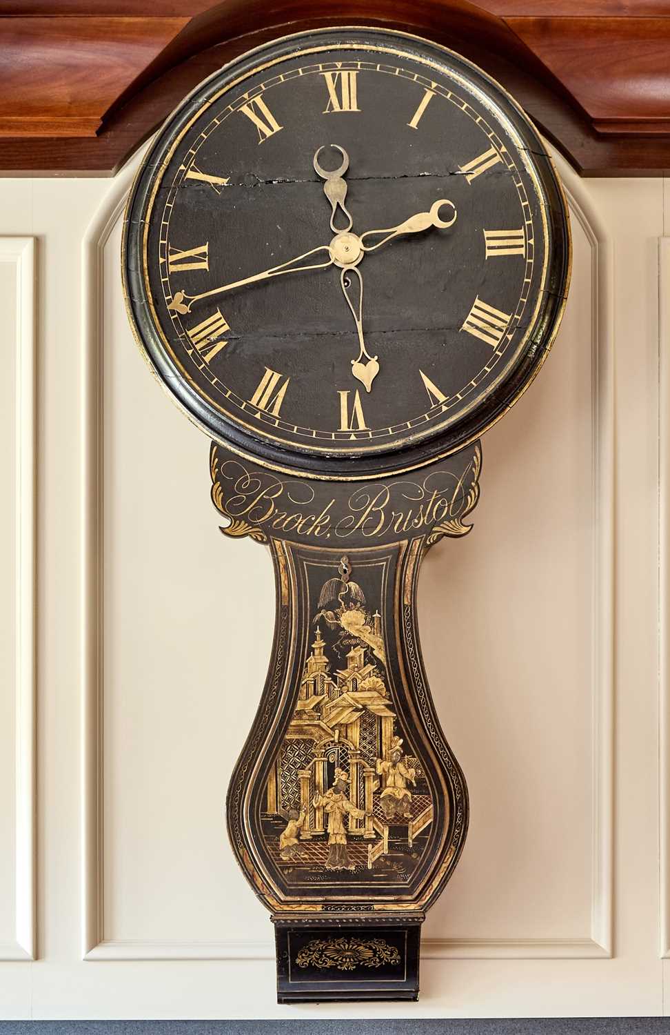 Lot 255 - English Black Painted and Chinoiserie Decorated 'Act of Parliament' Wall Clock