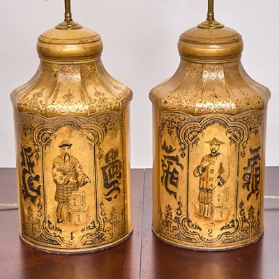 Lot 254 - Pair of Victorian Chinoiserie Painted Tôle Tea Canisters Mounted as Lamps