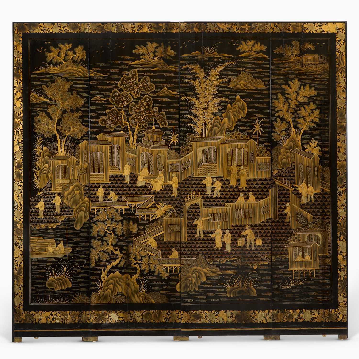 Lot 139 - Chinese Gilt and Black Lacquered Four-Panel Floor Screen
