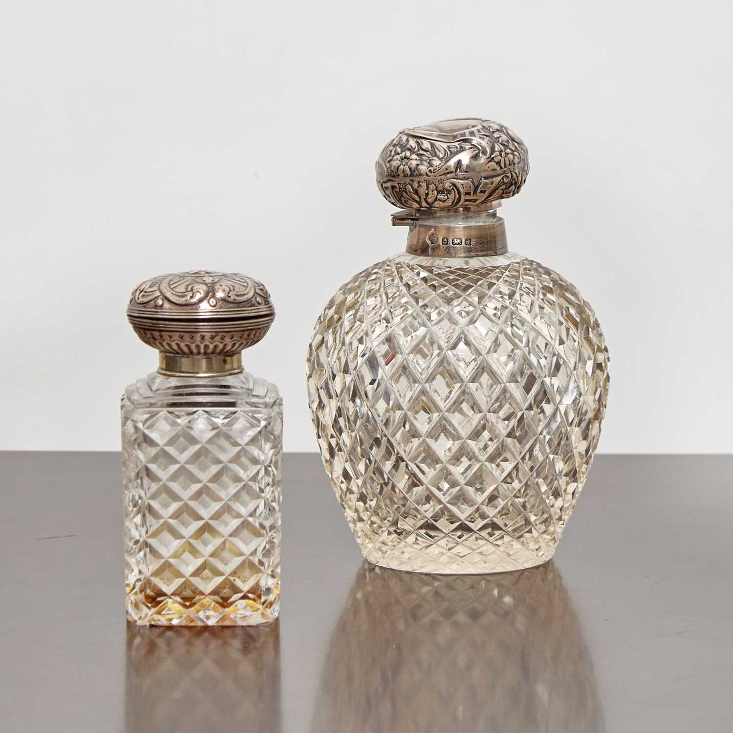 Lot 110 - Two Sterling Silver and Colorless Cut-Glass Scent Bottles