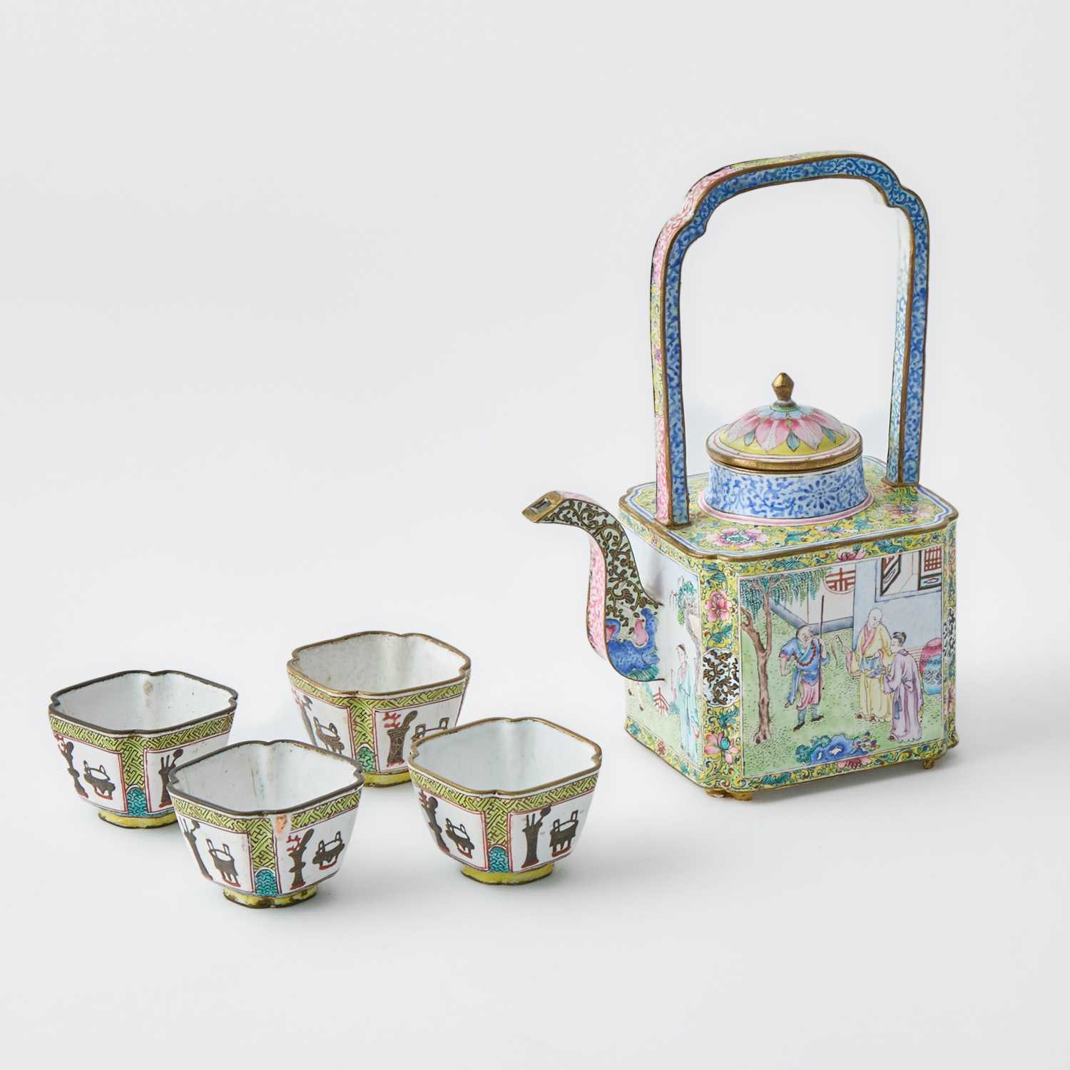 Lot 154 - Chinese Canton Enamel Teapot with Four Cups