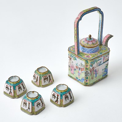 Lot 154 - Chinese Canton Enamel Teapot with Four Cups