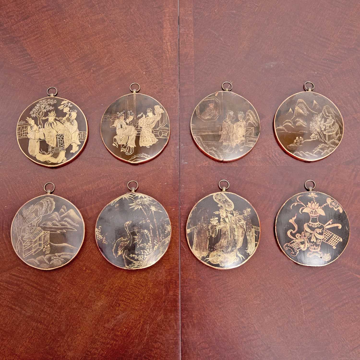 Lot 147 - Eight Chinese Gilt Decorated Bronze Gongs