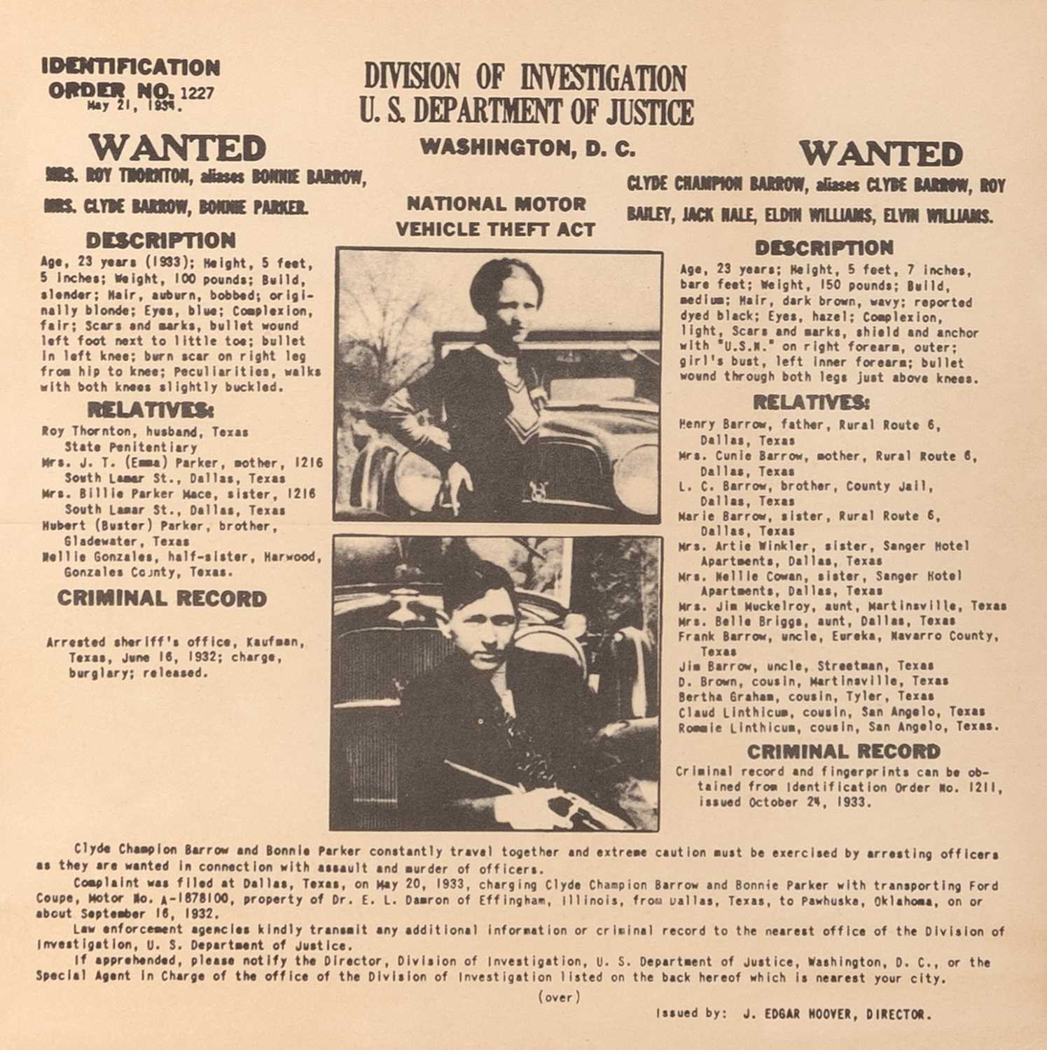 Lot 278 - The famous Bonnie and Clyde "Wanted" broadside