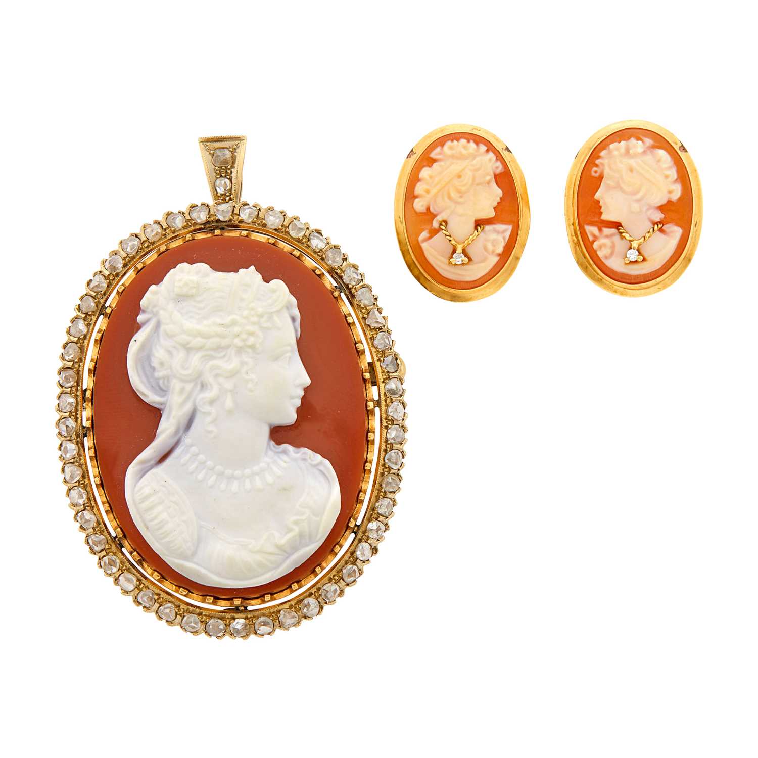 Lot 16 - Gold, Sardony Cameo and Diamond Pendant-Brooch and Pair of Shell Cameo Earrings
