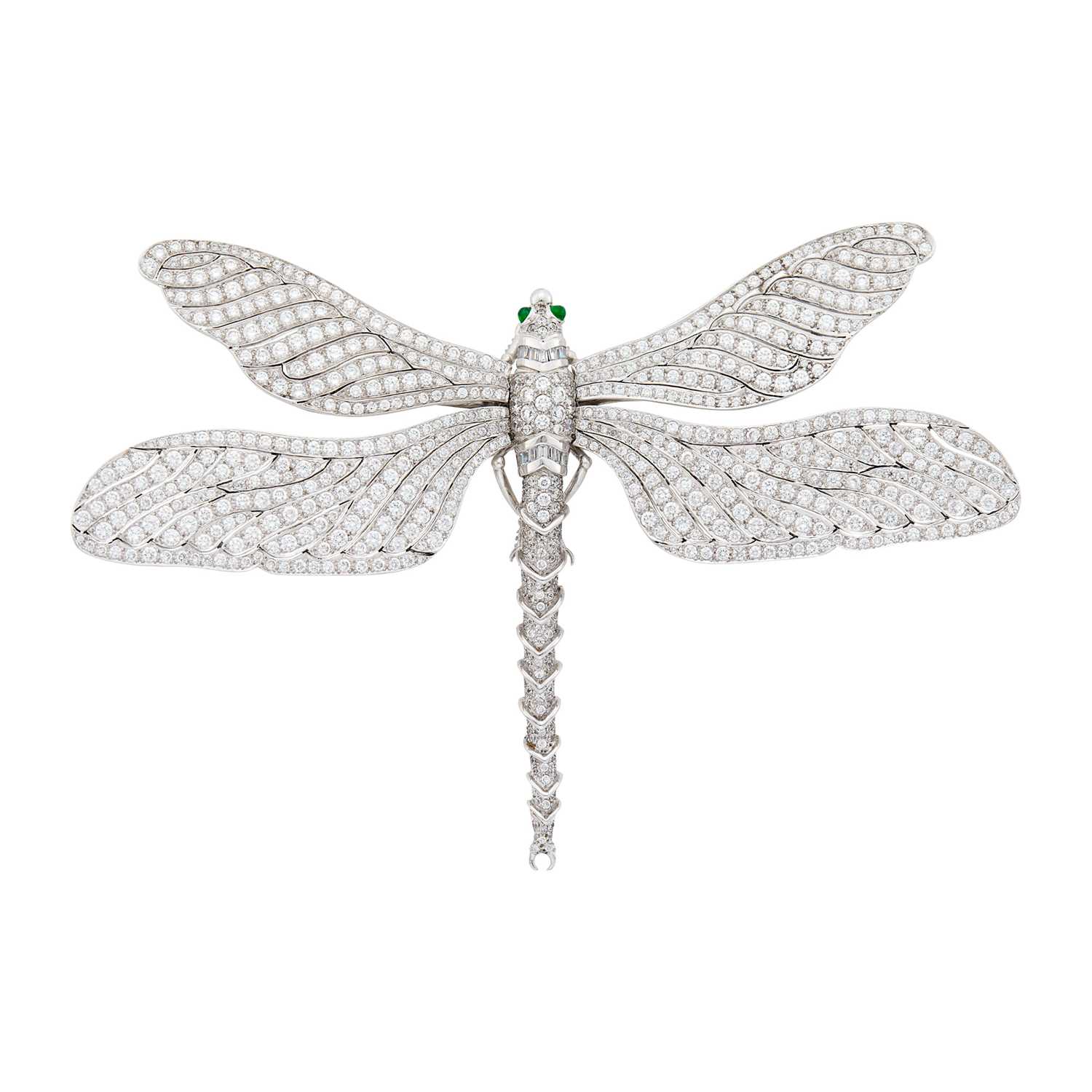 Lot 17 - Oversized White Gold, Cubic Zirconia and Cabochon Emerald Dragonfly Brooch