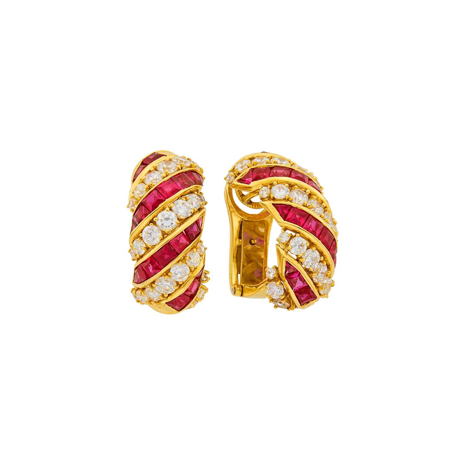 Lot 18 - Pair of Gold, Cubic Zirconia and Synthetic Ruby Earrings