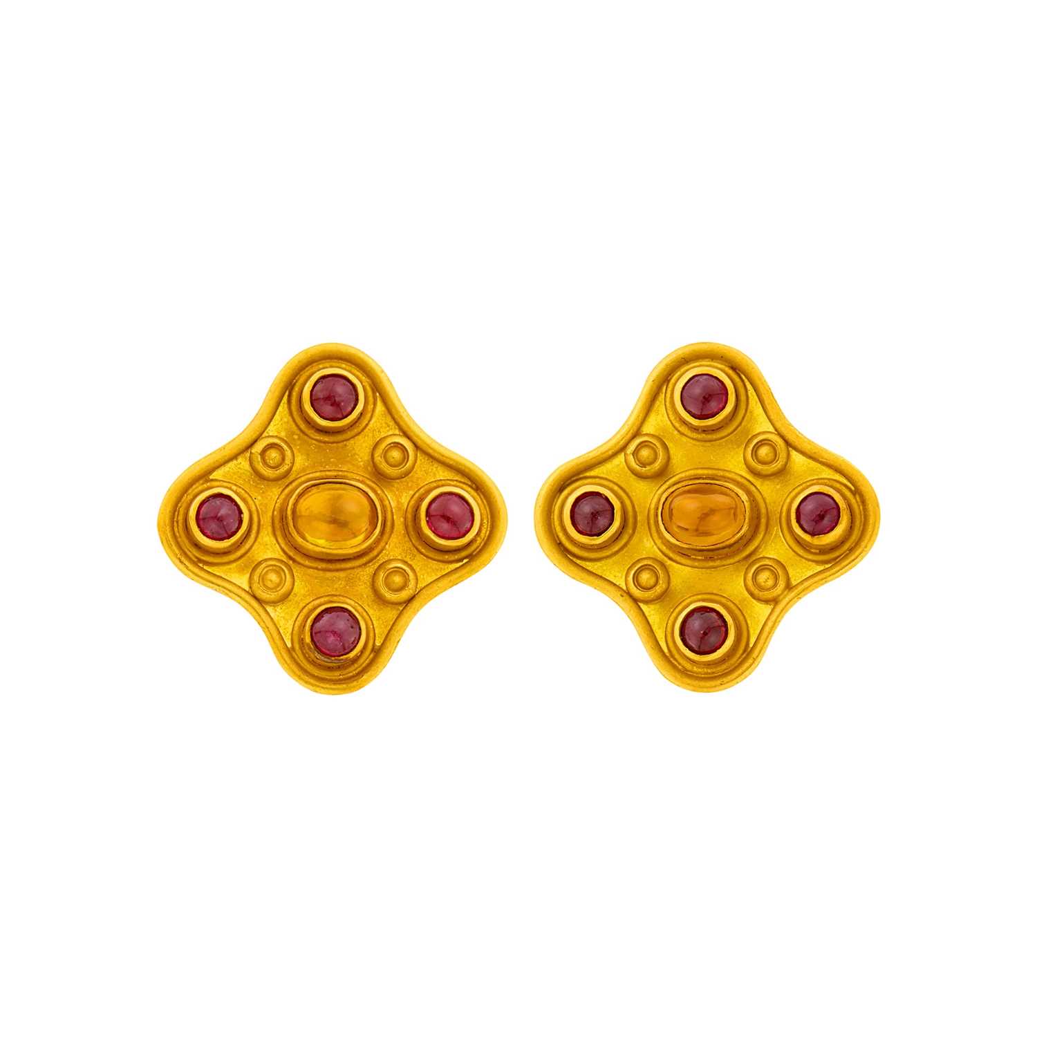 Lot 21 - Reinstein Ross Pair of High Karat Gold, Cabochon Citrine and Ruby Earclips