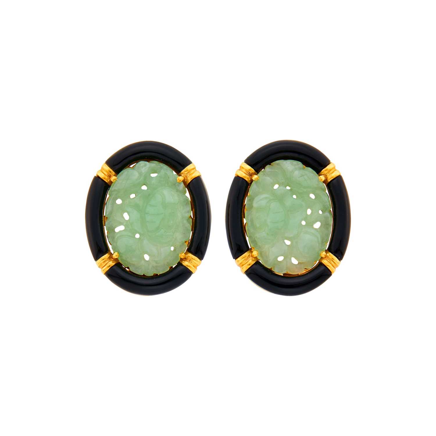 Lot 22 - Pair of Gold, Carved Jade and Black Onyx Earclips