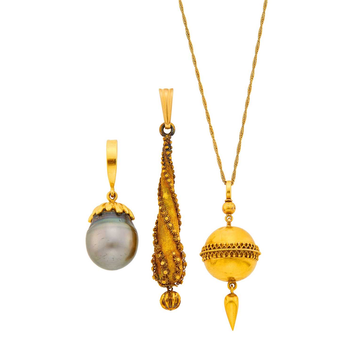 Lot 24 - Gold Ball Pendant with Chain Necklace and Silver-Gilt Pendant and Gold and Baroque Tahitian Gray Cultured Pearl Pendant