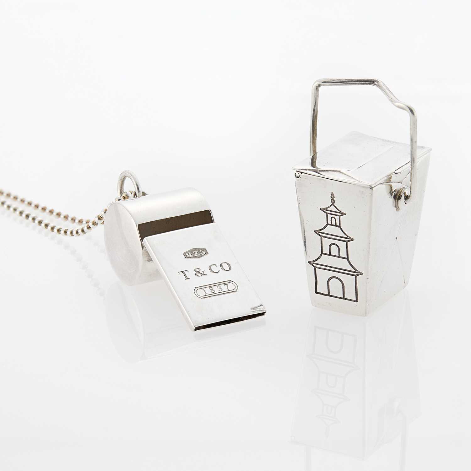Lot 8 - Tiffany & Co. Silver '1837' Whistle Pendant with Long Chain Necklace and Chinese Take-Out Box Pendant