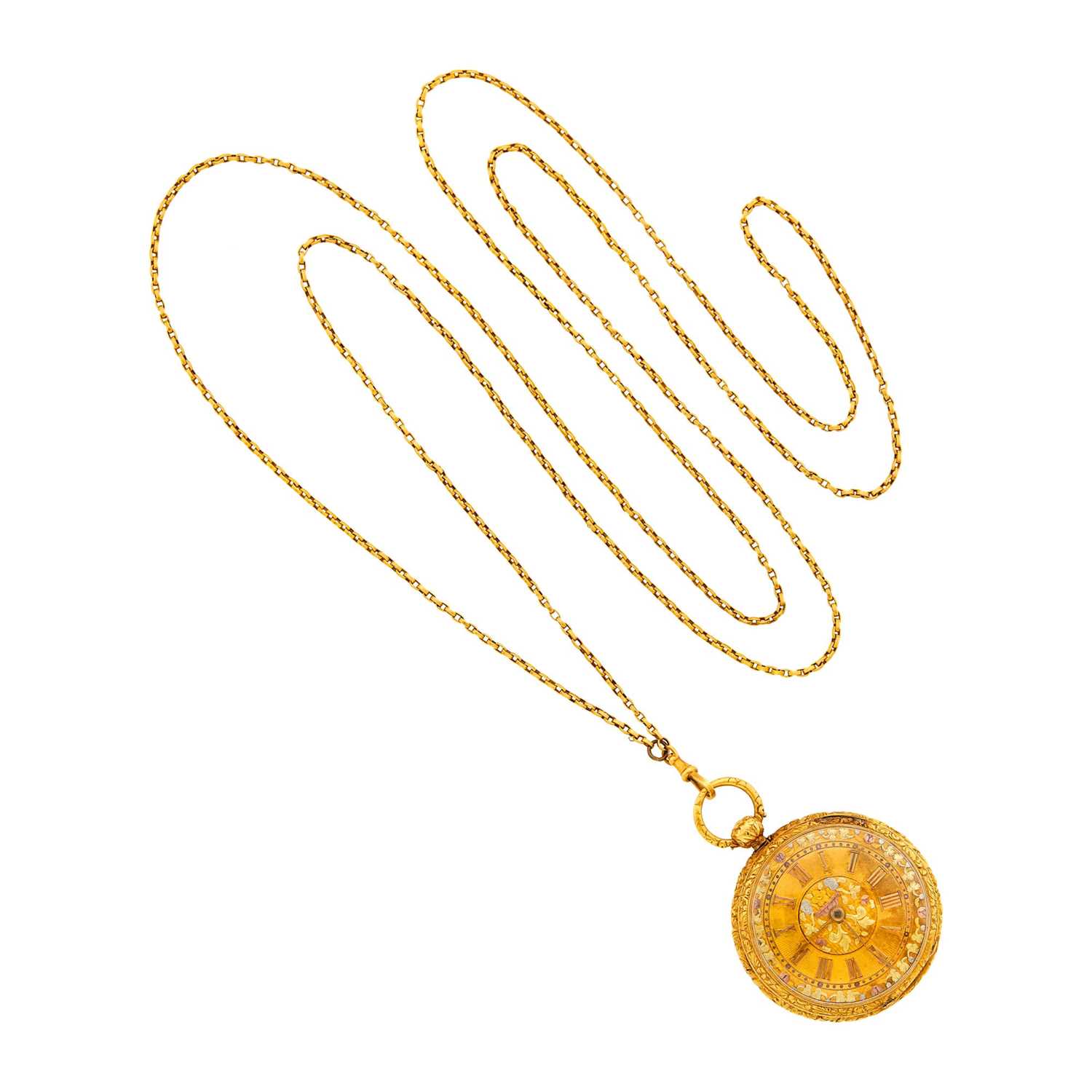 Lot 25 - Variegated Gold Open Face Pocket Watch with Low Karat Gold Watch Fob Chain
