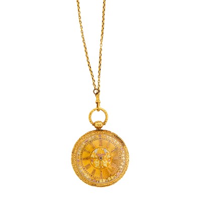Lot 25 - Variegated Gold Open Face Pocket Watch with Low Karat Gold Watch Fob Chain